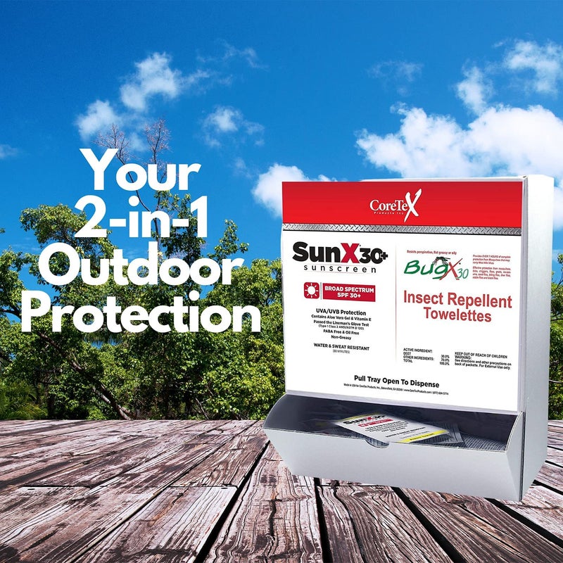 coretex Sun X 30+ & Bug X 30 Combo Pack - Includes 50 Total Packets in Wallmount Box - 25 Lotion Pouches & 25 Insect Repellent Towelettes - Image 2