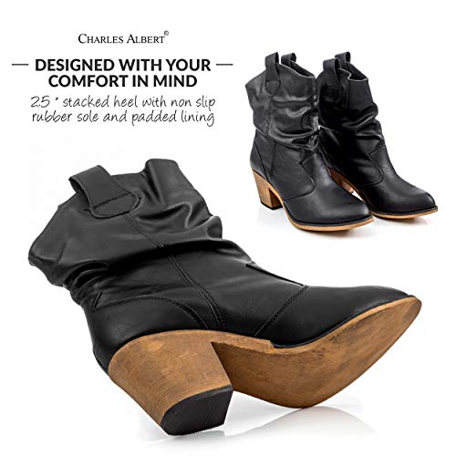 Charles Albert Modern Western Cowboy Boots for Women Ladies Stacked Heel Ankle Cowgirl Boots with Pull-Up Tabs in Black Size 10 - Image 2