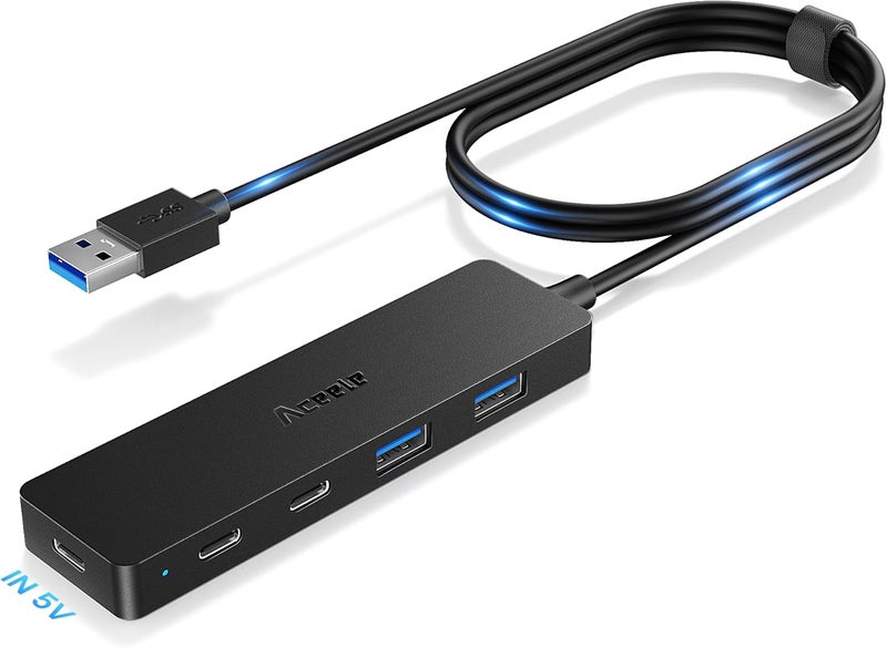 Aceele USB Hub 3.0 Splitter with 2 USB-C and 2 USB-A, 4 Ports Ultra-Slim Multiport Expander Adapter with 4ft Extension Long Cable Cord, USB Extender for Desktop, Computer, PC, Laptop, iMac and More - Image 1