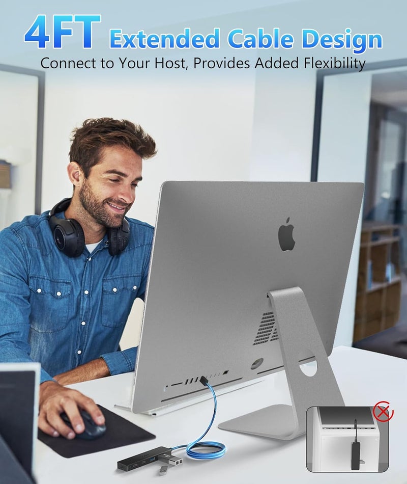 Aceele USB Hub 3.0 Splitter with 2 USB-C and 2 USB-A, 4 Ports Ultra-Slim Multiport Expander Adapter with 4ft Extension Long Cable Cord, USB Extender for Desktop, Computer, PC, Laptop, iMac and More - Image 5