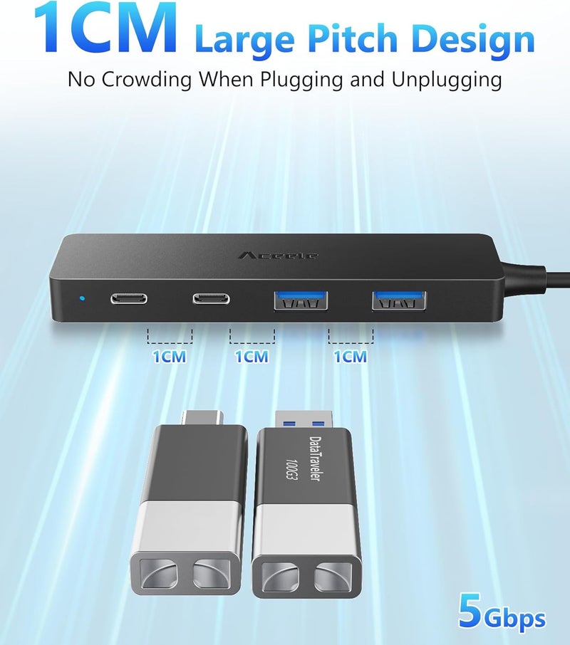Aceele USB Hub 3.0 Splitter with 2 USB-C and 2 USB-A, 4 Ports Ultra-Slim Multiport Expander Adapter with 4ft Extension Long Cable Cord, USB Extender for Desktop, Computer, PC, Laptop, iMac and More - Image 4