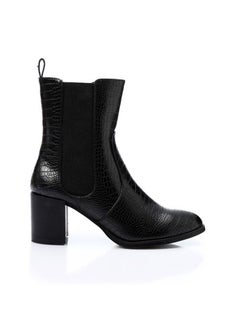 Reptile Leather Zipper Mid Calf Boots - Black