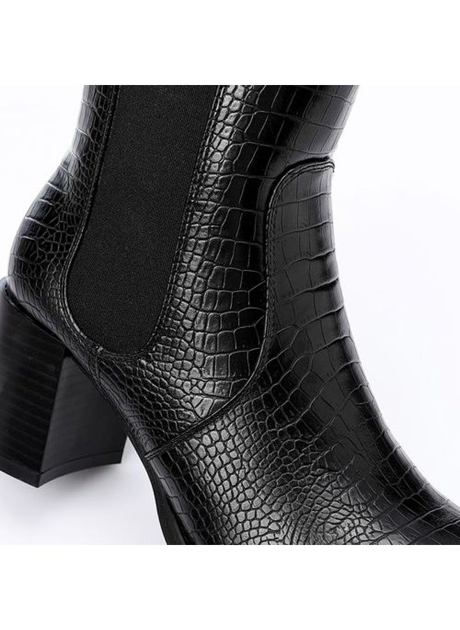 DejaVu - Reptile Leather Zipper Mid Calf Boots - Black - Image 1