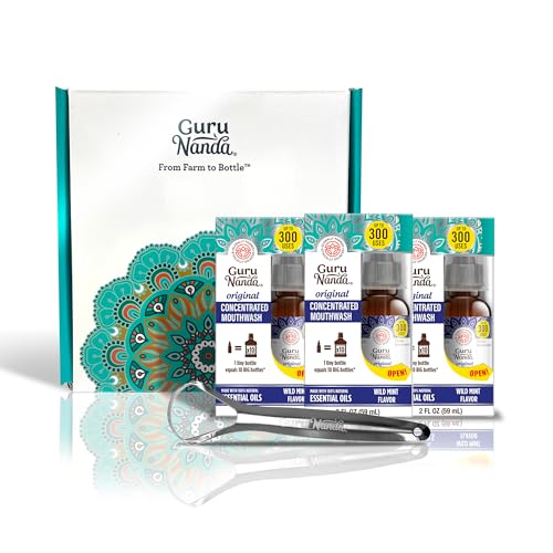 GuruNanda غسول الفم المركّز من غورو ناندا 3x2 أونصة سائلة يدعم 300 مضمضة يساعد في تنفس منعش خالي من الفلورايد غسول فم بنكهة النعناع مع زيوت طبيعية أساسية
