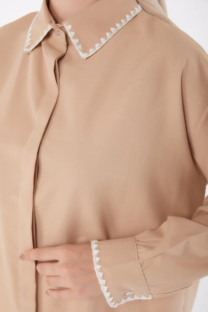 Tofisa Plain Shirt Collar Women's Mink Rose Embroidered Shirt - 13253