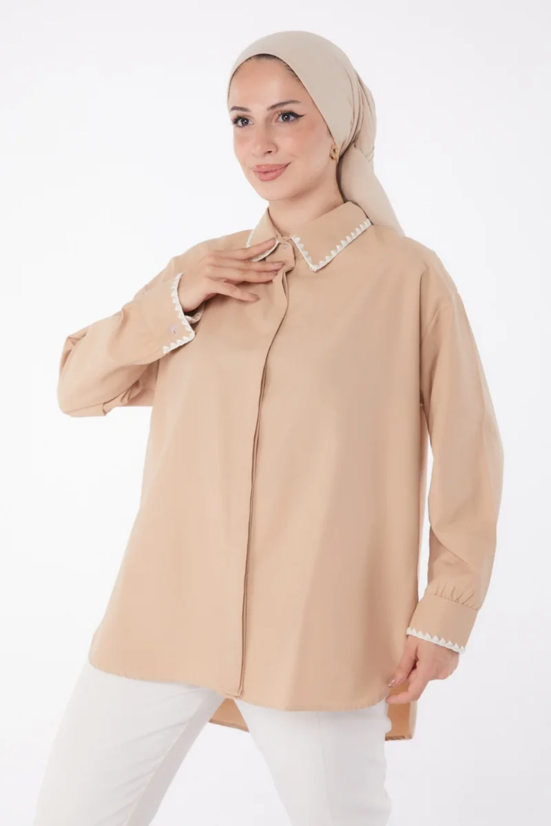 Tofisa Plain Shirt Collar Women's Mink Rose Embroidered Shirt - 13253