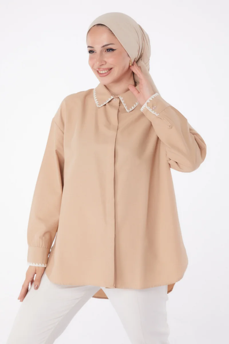 Tofisa Plain Shirt Collar Women's Mink Rose Embroidered Shirt - 13253