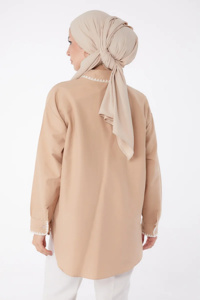 Tofisa Plain Shirt Collar Women's Mink Rose Embroidered Shirt - 13253