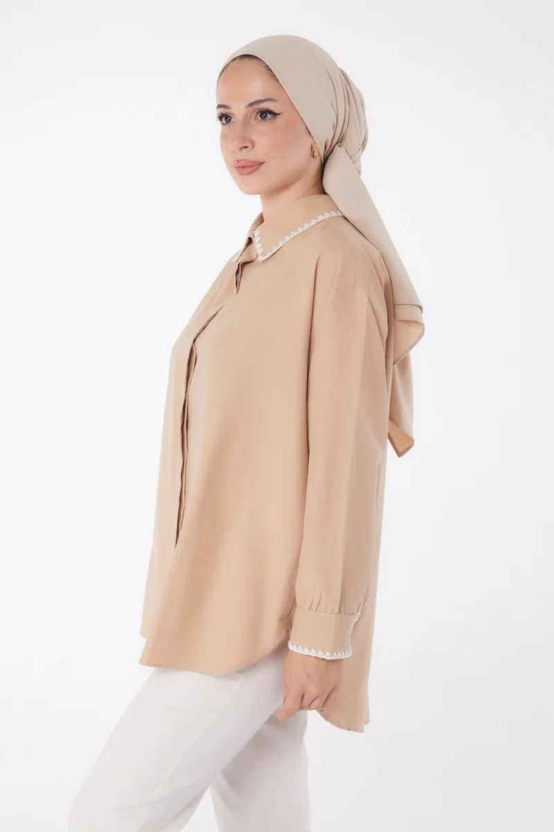 Tofisa Plain Shirt Collar Women's Mink Rose Embroidered Shirt - 13253
