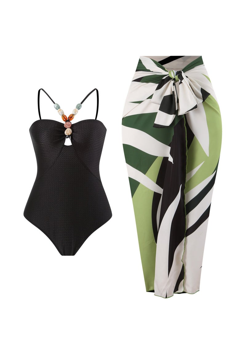 Generic 2Pcs The latest women's one-piece swimsuit hollow gem long dress swimsuit set  - Image 1