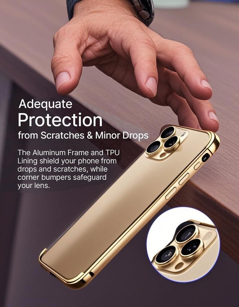 كاست ويف جراب ممتص للصدمات لهاتف iPhone 16 Pro، غطاء حماية صلب رفيع بإطار من الألومنيوم مع مصد داخلي ناعم، تصميم بدون ظهر، حماية للكاميرا بحافة مرتفعة، يدعم Magsafe، شحن لاسلكي ذهبي - Image 3