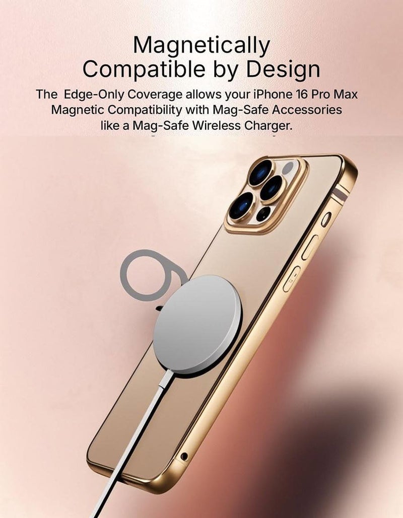 كاست ويف جراب ممتص للصدمات لهاتف iPhone 16 Pro، غطاء حماية صلب رفيع بإطار من الألومنيوم مع مصد داخلي ناعم، تصميم بدون ظهر، حماية للكاميرا بحافة مرتفعة، يدعم Magsafe، شحن لاسلكي ذهبي - Image 2