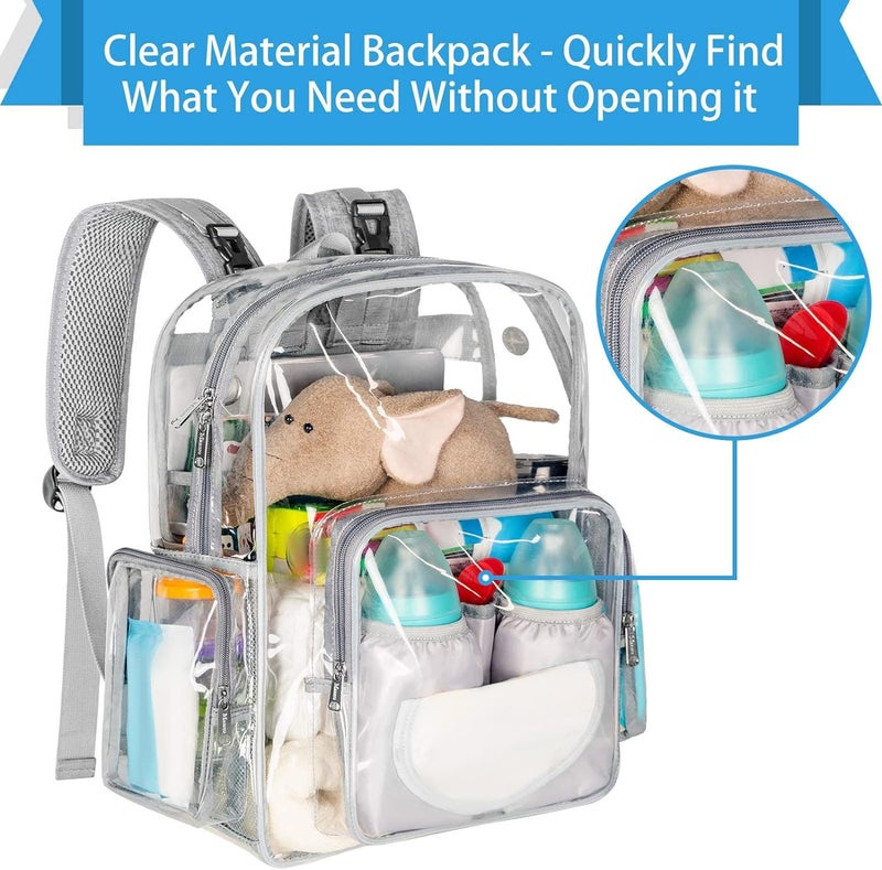 Mancro Diaper Bag Backpack, Clear Baby Bag Heavy Duty Transparent Backpack for Girls Boys, Multifunction Large Travel Backpack Maternity Baby Changing Bags for Mom with Stroller Straps, Grey - Image 4