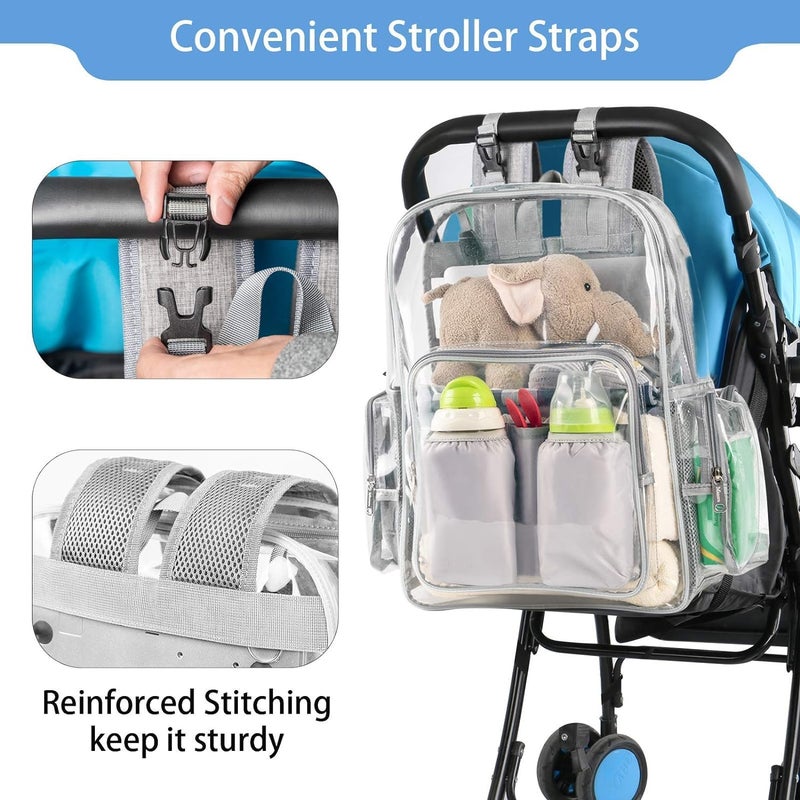 Mancro Diaper Bag Backpack, Clear Baby Bag Heavy Duty Transparent Backpack for Girls Boys, Multifunction Large Travel Backpack Maternity Baby Changing Bags for Mom with Stroller Straps, Grey - Image 5