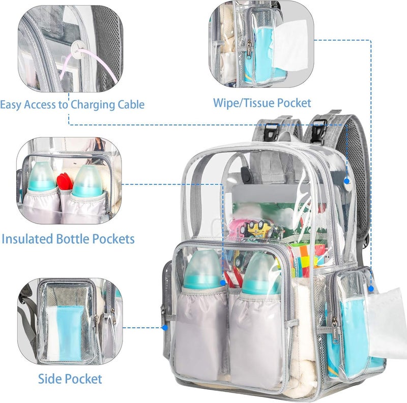 Mancro Diaper Bag Backpack, Clear Baby Bag Heavy Duty Transparent Backpack for Girls Boys, Multifunction Large Travel Backpack Maternity Baby Changing Bags for Mom with Stroller Straps, Grey - Image 2
