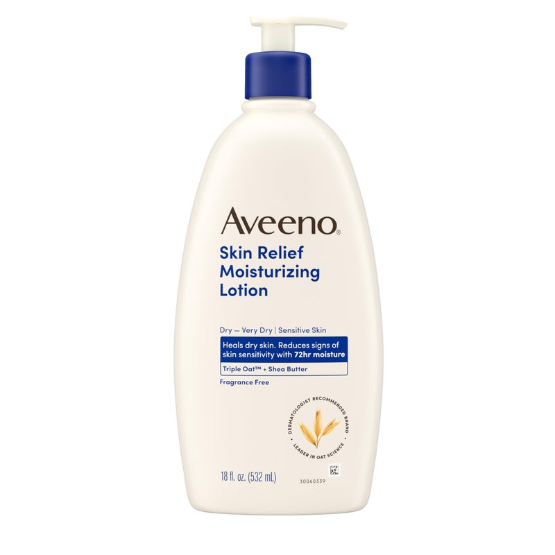 Aveeno Skin Relief Moisturizing Lotion Heals Very Dry, Sensitive Skin, Fast-Absorbing Body Lotion with Soothing Triple Oat & Shea Butter Formula, Fragrance Free, Non-Comedogenic, 18 fl. oz - Image 1