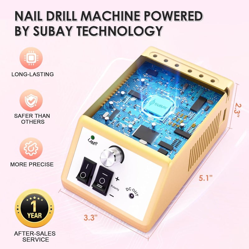 Subay Subway Professional Nail Drill Machine - Electric File for Acrylic and Gel Nails, 20000RPM - Manicure Pedicure Tools for Professionals and Beginners - Image 4