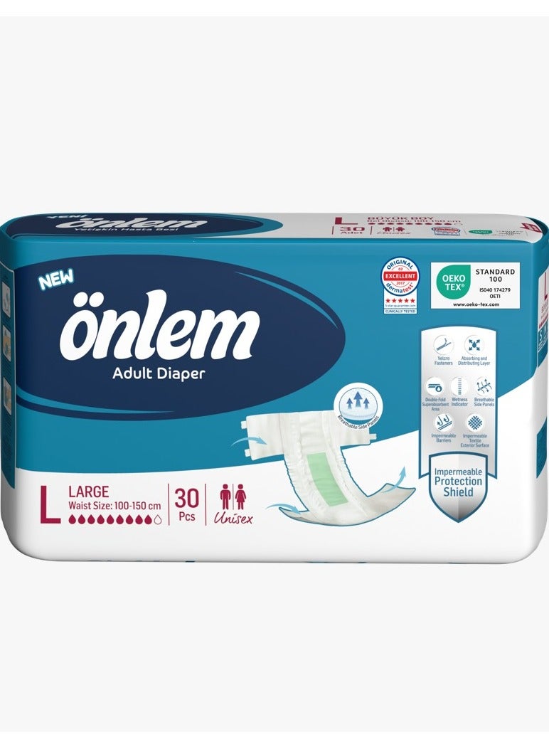 Adult Diaper, Size: Large, 30 Diapers Waist Size: 100-150cm Wetness Indicator.