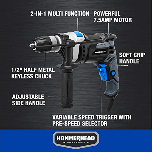 Hammerhead 7.5-Amp 1/2 Inch Variable Speed Hammer Drill with 6pcs Bit - HAHD075 - Image 3