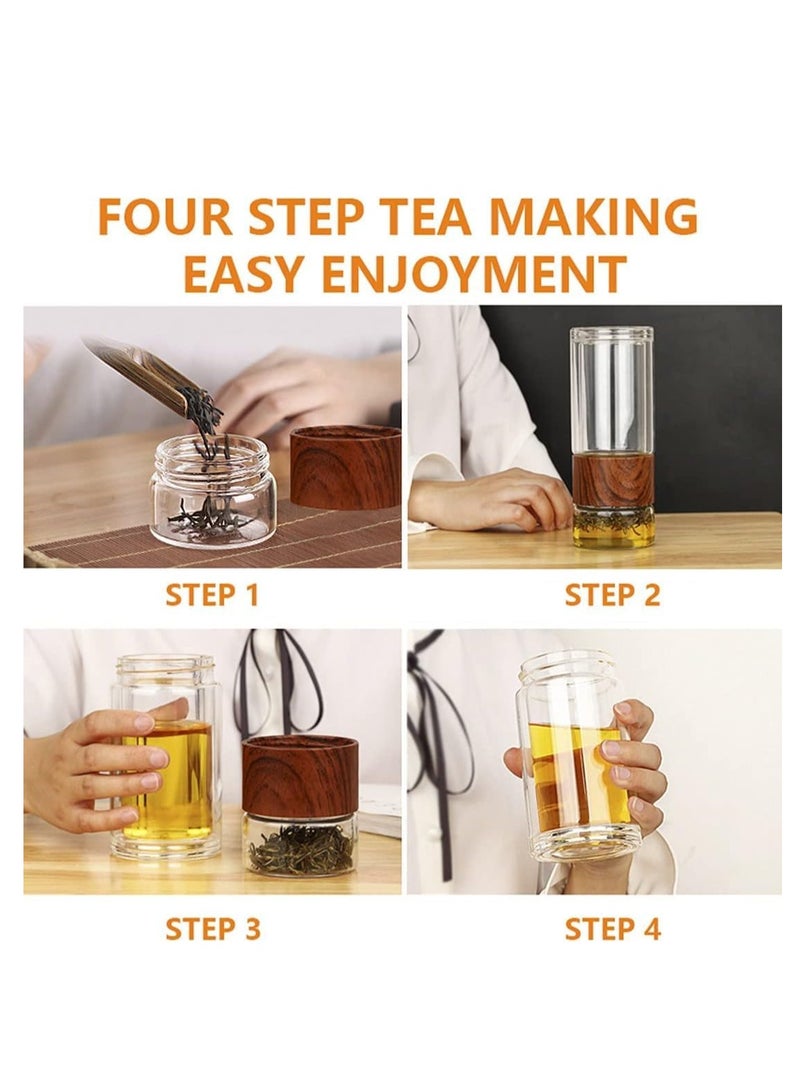 TRASSLE Glass Tea Infuser,Bottle Tea Flood Cup,Double Wall Portable Travel Tumbler Mug,Leakproof Tea Bottle with Strainer Carry,Tea water separating cup,Travel Mug with Strainer (Wood color, 250ml)  - Image 3