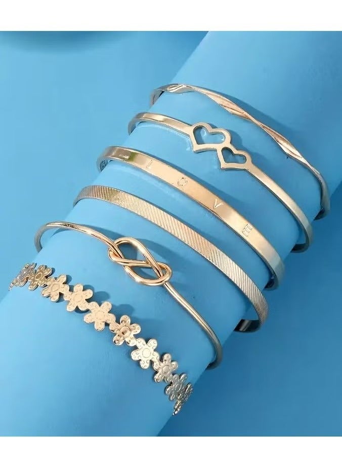 6pcs Chic Bracelets Trendy Flower/ Knot/ Heart Design Mix And Match For Daily Outfits Party Accessories Adjustable Jewelry - Image 4