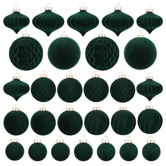 CHRISTMAS TREE ORNAMENTS GREEN VELVET PACK OF 28PCS FLOCKED XMAS BALLS ORNAMENT DECORATIONS ASSORTMENT