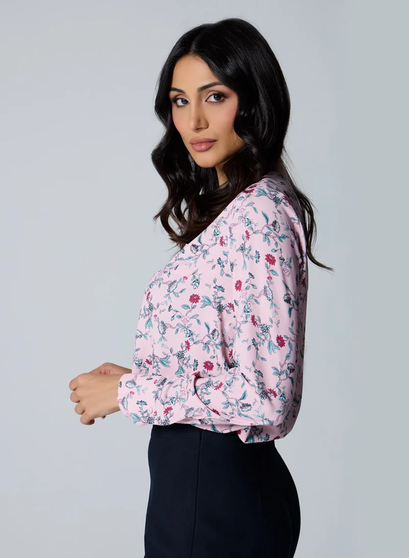 Zigzag Vneck Rose Printed Long Sleeve Top