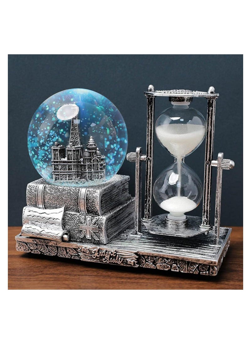 RATSAW LED Music Crystal Snow Globe with Hourglass Timer Retro Castle Musical Globe Color Changing Lights Home Decoration Statue Home Decor Silver  - Image 1