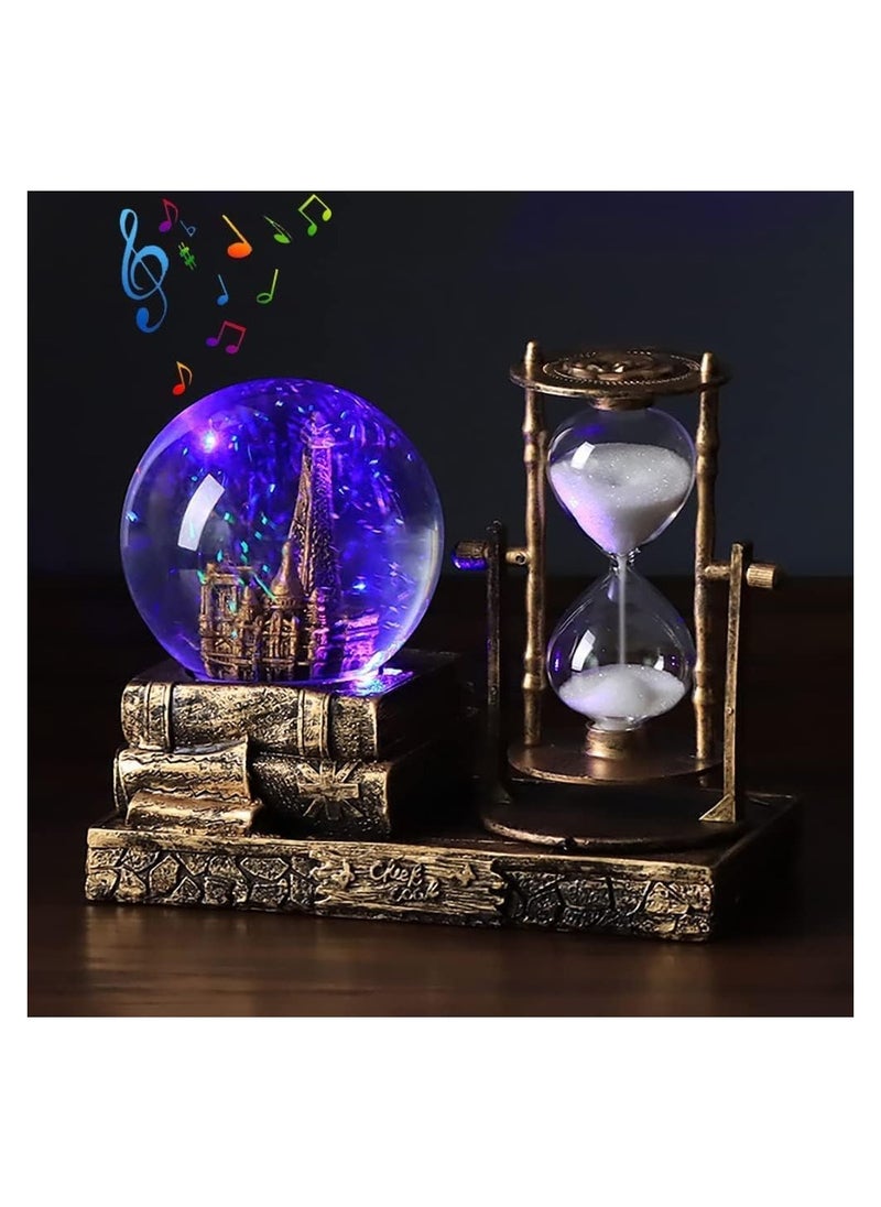 RATSAW LED Music Crystal Snow Globe with Hourglass Timer Retro Castle Musical Globe Color Changing Lights Home Decoration Statue Home Decor Silver  - Image 2