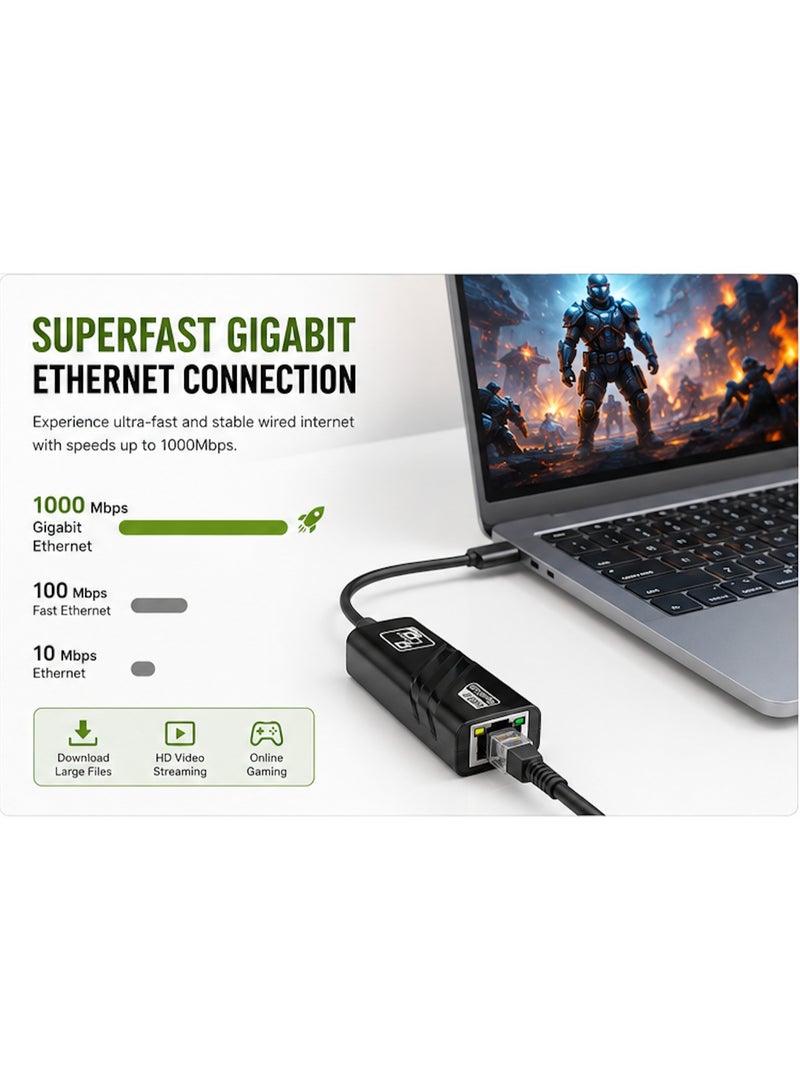 TYPE-C ETHERNET ADAPTER 10/100/1000Mbps, Plug & Play for MacBook, Laptop, PC, Chromebook & More - Image 3