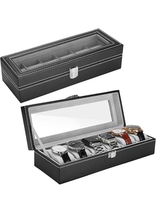 ProCase 6 Slots Watch Box Display Case Organizer for Men, PU Leather Watches Organizer Storage with Crystal Glass Lid -Black - Image 1