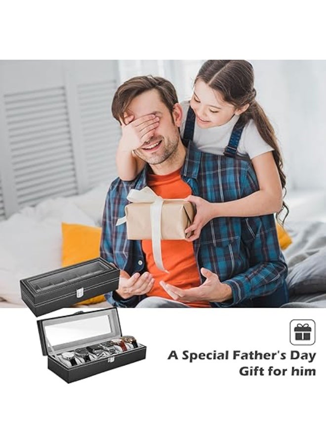 ProCase 6 Slots Watch Box Display Case Organizer for Men, PU Leather Watches Organizer Storage with Crystal Glass Lid -Black - Image 3