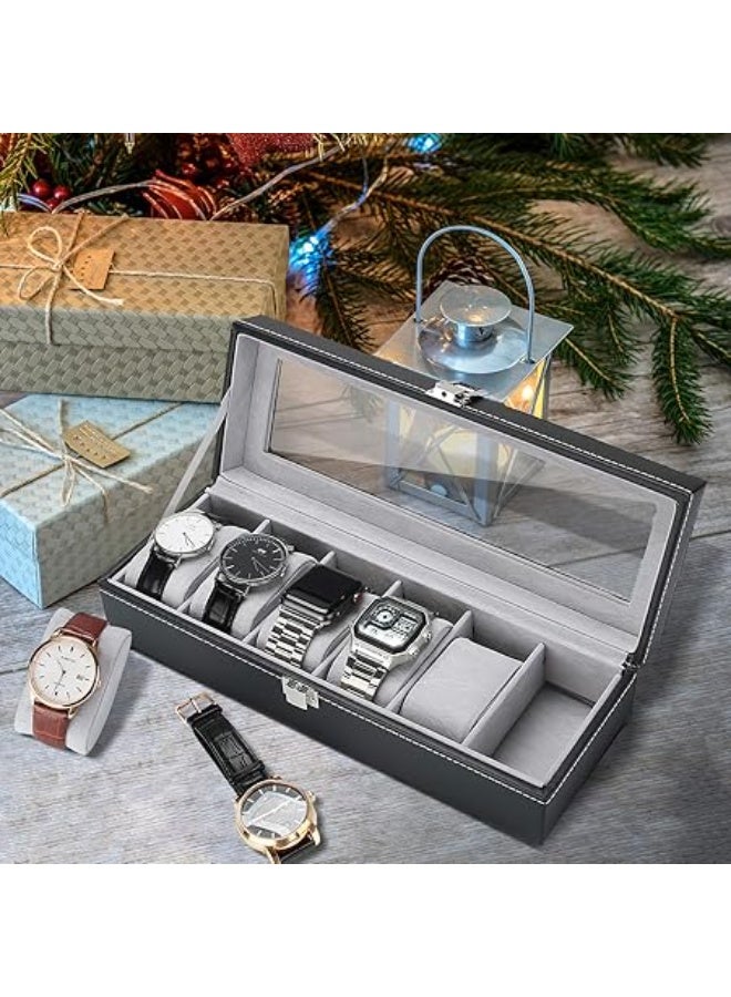 ProCase 6 Slots Watch Box Display Case Organizer for Men, PU Leather Watches Organizer Storage with Crystal Glass Lid -Black - Image 5