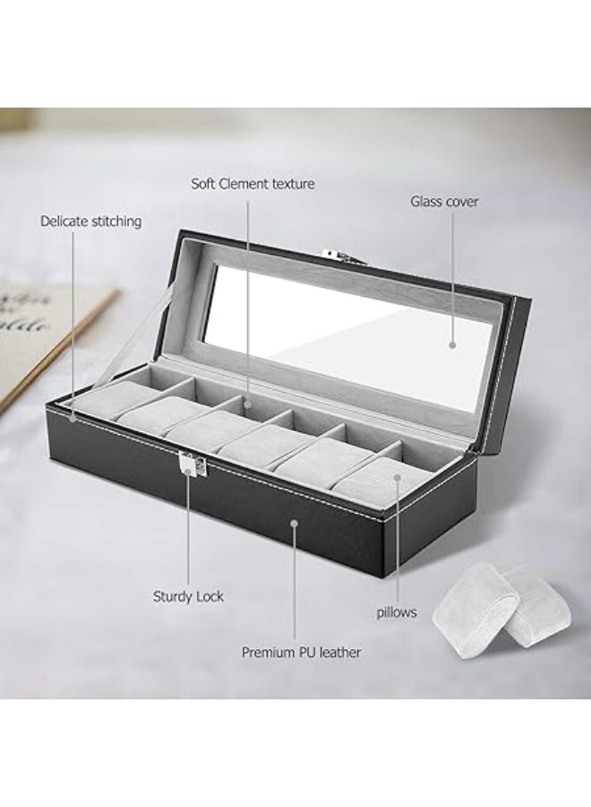 ProCase 6 Slots Watch Box Display Case Organizer for Men, PU Leather Watches Organizer Storage with Crystal Glass Lid -Black - Image 2