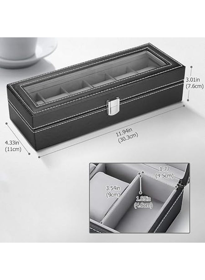 ProCase 6 Slots Watch Box Display Case Organizer for Men, PU Leather Watches Organizer Storage with Crystal Glass Lid -Black - Image 4