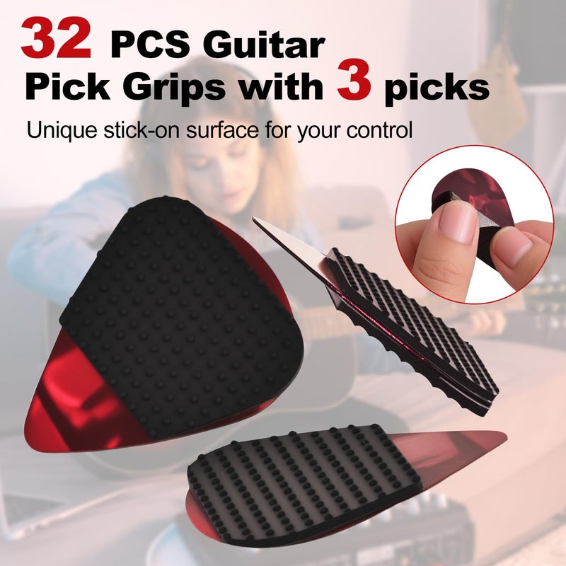 Fematin 32pcs Guitar Picks Grips, Large Silicone Soft Grips with 3 Guitar Picks, Non slip and Self-Adhesive, Help You Holding the Guitar Pick Tightly,Black - Image 2