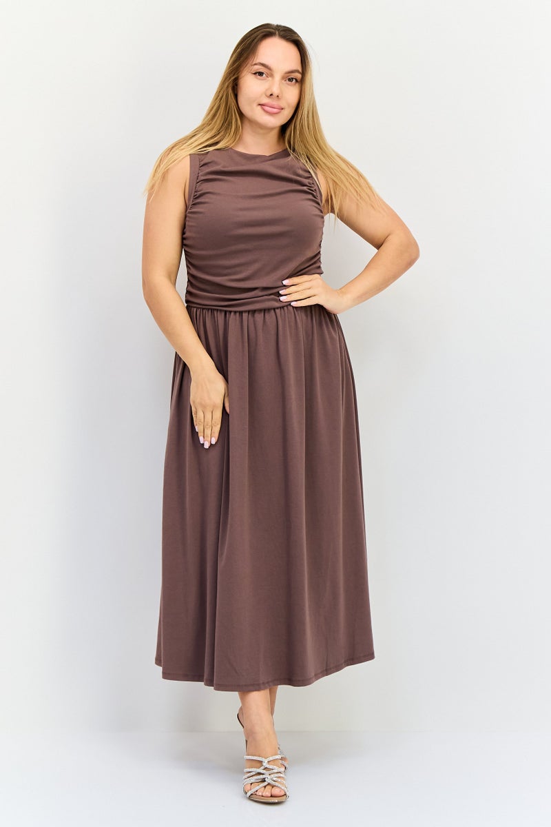 bebe فستان ميدي نسائي سادة، بني شوكولاتة - Image 1