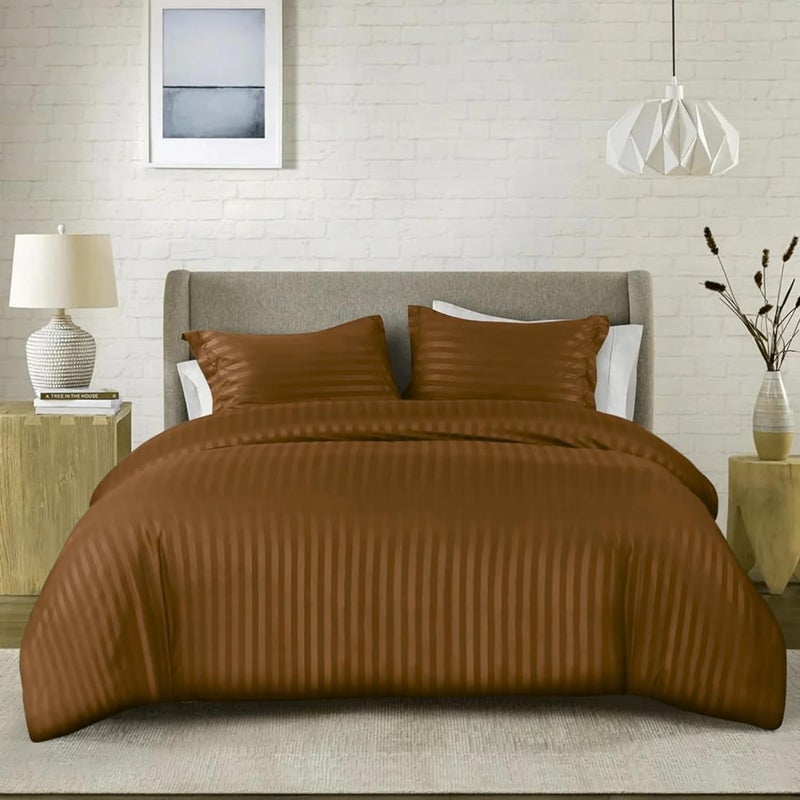 FOAM CRAFT Stripe 3-Piece Duvet Cover Set - 100% Cotton, Mocha, Twin Size - Image 1