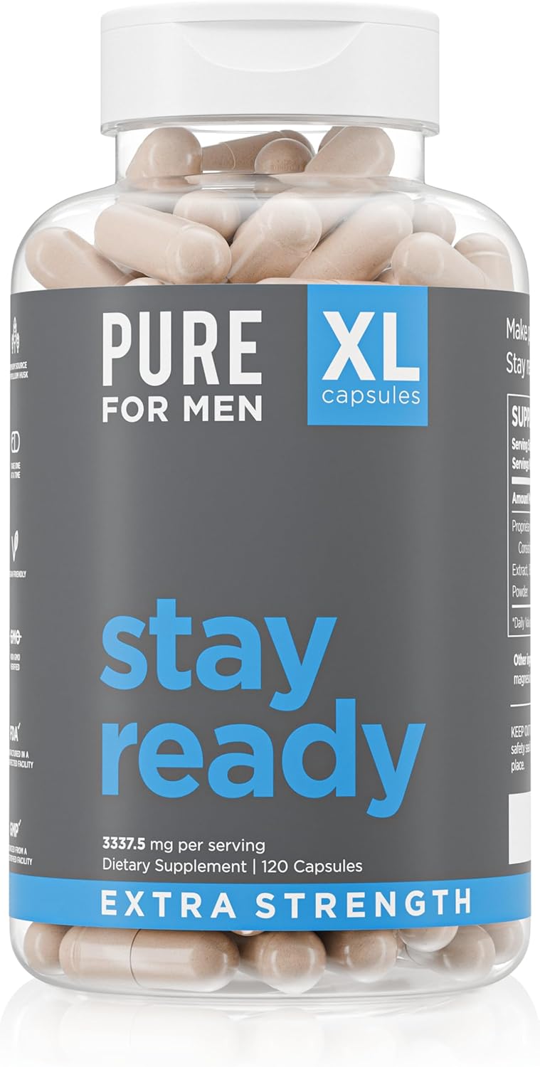 Pure for Men Stay Ready Fiber Extra Strength Supplement  Digestive Regularity  Bowel Movement  Gut Health Support  Vegan Cleanliness  Proprietary Formula  120 Vegan XL Capsules - Image 1