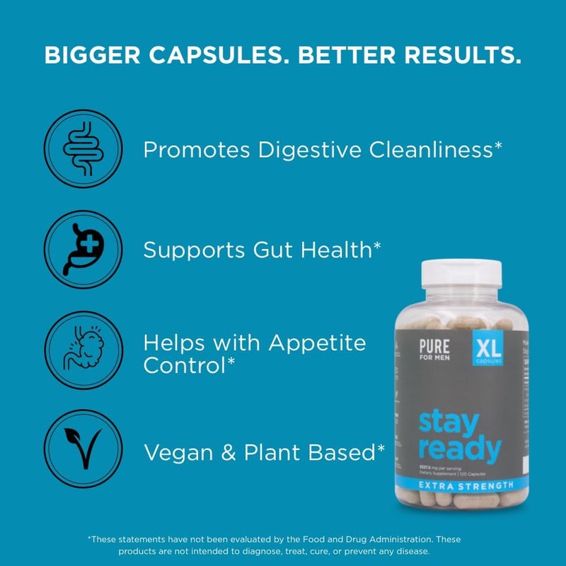 Pure for Men Stay Ready Fiber Extra Strength Supplement  Digestive Regularity  Bowel Movement  Gut Health Support  Vegan Cleanliness  Proprietary Formula  120 Vegan XL Capsules - Image 5