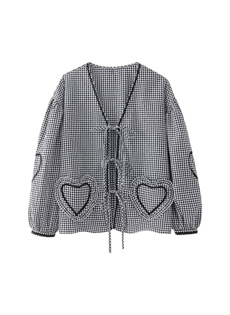 Generic - 2024 Spring Summer New Womens V-Neck Casual Plaid Heart Weave Sleeveless Shirt European And American Style Wholesale Independen Love Hagrid Long Sleeve Shirt - Image 1