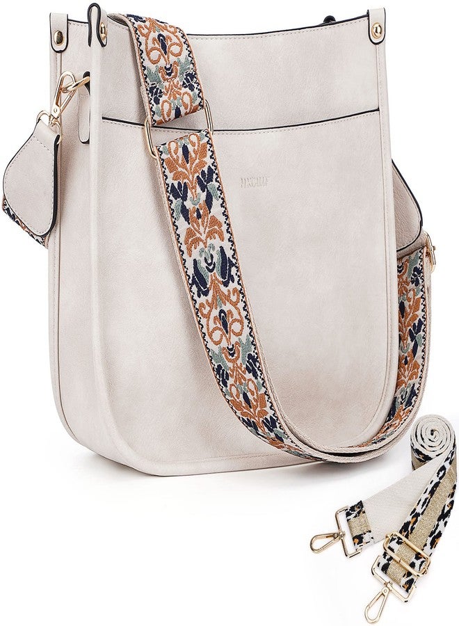 HKCLUF Crossbody Bags for Women Trendy Vegan Leather Hobo Handbags With 2PCS Adjustable Guitar Strap Shoulder Bucket Bags, A6-white, 11.81 inches x 3.93 inches x 10.62 inches - Image 1