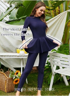 roaiss One-Piece Women's Conservative Swimsuit Set Muslim Ruffled Hem Swimsuit Long-Sleeved Trousers Ladies Beachwear Skirt Surfing Sunscreen Dress Arabic Clothing Dark Blue  - Image 1