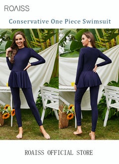 roaiss One-Piece Women's Conservative Swimsuit Set Muslim Ruffled Hem Swimsuit Long-Sleeved Trousers Ladies Beachwear Skirt Surfing Sunscreen Dress Arabic Clothing Dark Blue  - Image 5