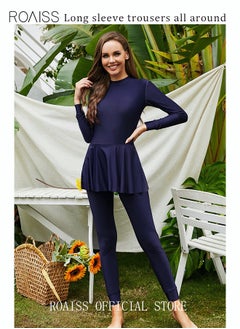 roaiss One-Piece Women's Conservative Swimsuit Set Muslim Ruffled Hem Swimsuit Long-Sleeved Trousers Ladies Beachwear Skirt Surfing Sunscreen Dress Arabic Clothing Dark Blue  - Image 2