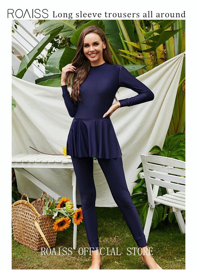 roaiss One-Piece Women's Conservative Swimsuit Set Muslim Ruffled Hem Swimsuit Long-Sleeved Trousers Ladies Beachwear Skirt Surfing Sunscreen Dress Arabic Clothing Dark Blue  - Image 2