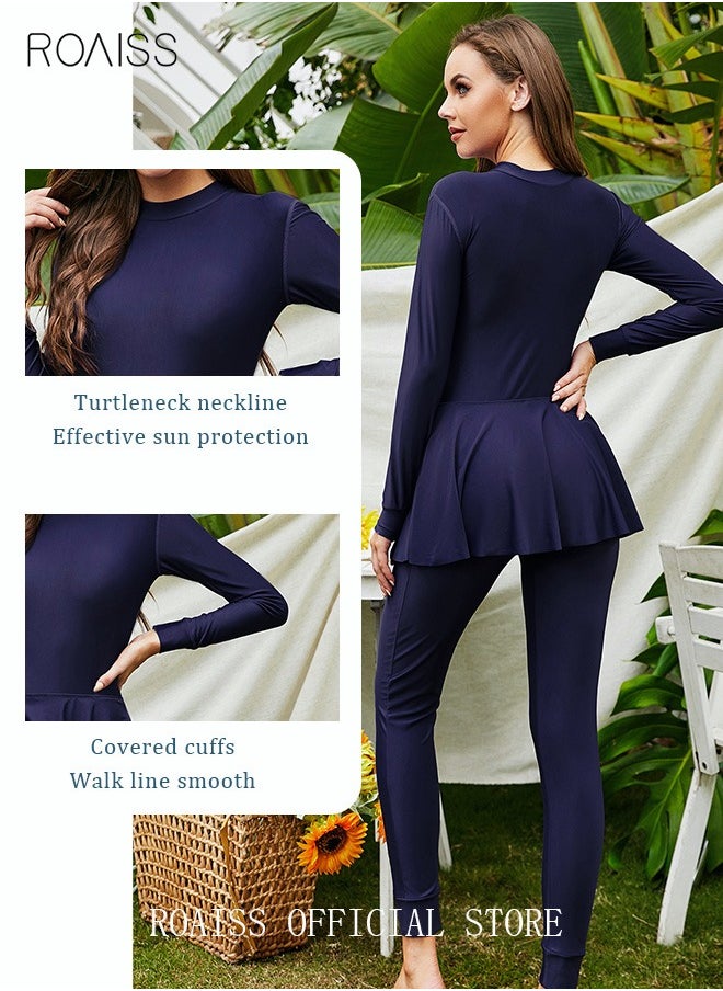 roaiss One-Piece Women's Conservative Swimsuit Set Muslim Ruffled Hem Swimsuit Long-Sleeved Trousers Ladies Beachwear Skirt Surfing Sunscreen Dress Arabic Clothing Dark Blue  - Image 3