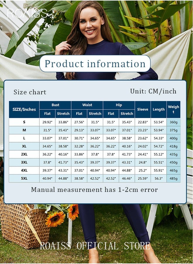 roaiss One-Piece Women's Conservative Swimsuit Set Muslim Ruffled Hem Swimsuit Long-Sleeved Trousers Ladies Beachwear Skirt Surfing Sunscreen Dress Arabic Clothing Dark Blue  - Image 4