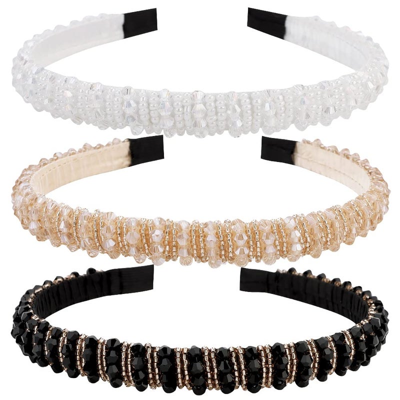 ANBALA Headbands for Women Girls 3 Pack HAIRBAND Beaded Jeweled Crystal Rhinestone Diamond Thin Headbands White Gold Black