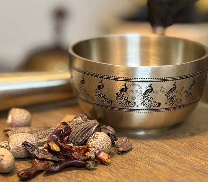 PURI Bartanwala - Indian Peacock/Mor Brass/Pital/Pital Mortar & Pestle (Okhli) – Ancient Style – Brushed Finish – Handcrafted in India - Image 5